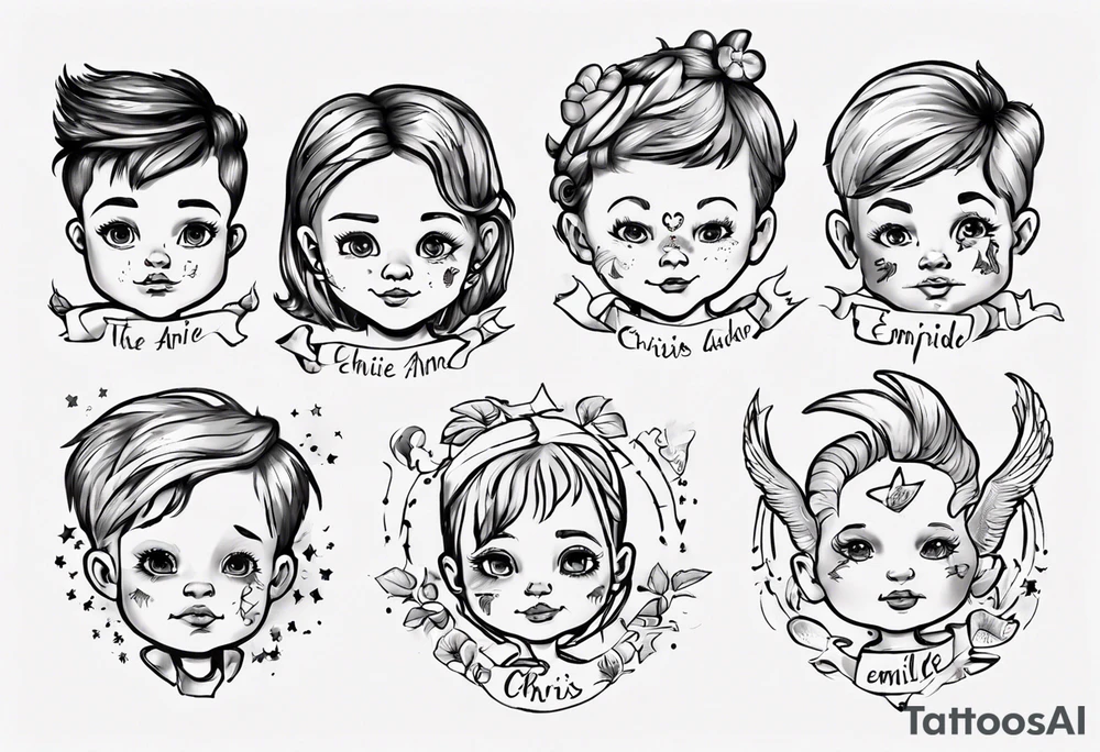 tattoo with names of kids, the names are Chris André, he is a boy and he is born 23. April 2016, and the other kid is named Emilie, she is a girl and is born 27. march 2021. tattoo idea