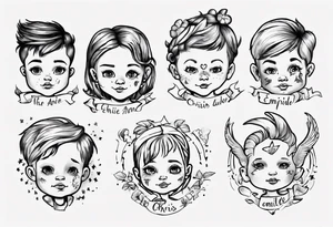 tattoo with names of kids, the names are Chris André, he is a boy and he is born 23. April 2016, and the other kid is named Emilie, she is a girl and is born 27. march 2021. tattoo idea