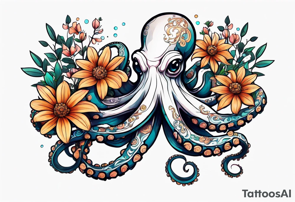 octopus holding flowers tattoo idea