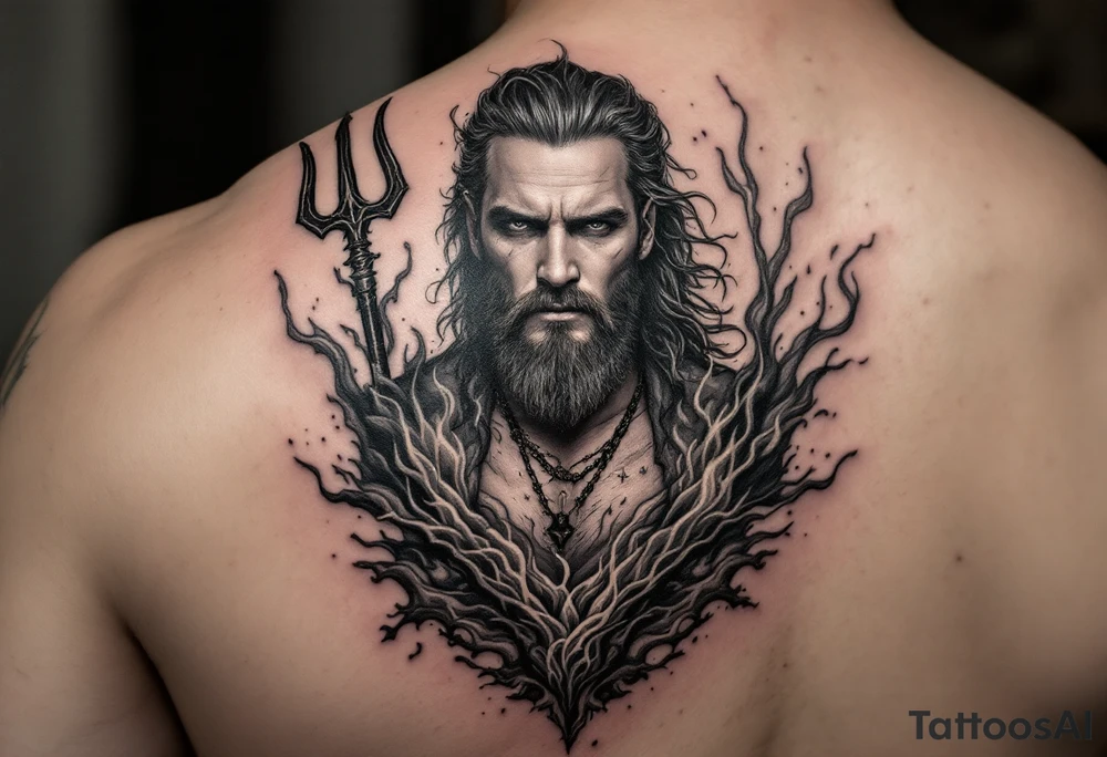 man with a trident, surrounded by fire and water tattoo idea