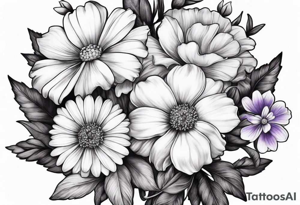 one larkspur, one carnation, one violet and one daisy and tied together with bow tattoo idea