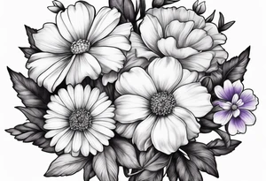 one larkspur, one carnation, one violet and one daisy and tied together with bow tattoo idea