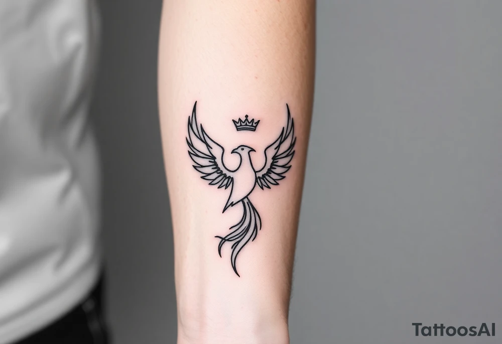 Minimal phoenix and crown fine lines tattoo idea