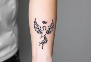 Minimal phoenix and crown fine lines tattoo idea