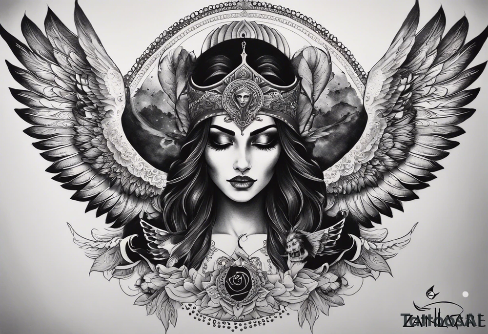 black kali, goddess pirate, alien, angel, pachamama, valkrye, warrior, flying, skull, lotus azul, wing, eagle, zenza resonance, stars, 5D, anahata chakra, death, durga, riding on a tiger, flying lady, kundalini, chest tatoo, rebel tattoo idea