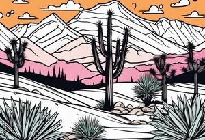 A dessert with joshua trees transitioning to pine trees and mountains tattoo idea