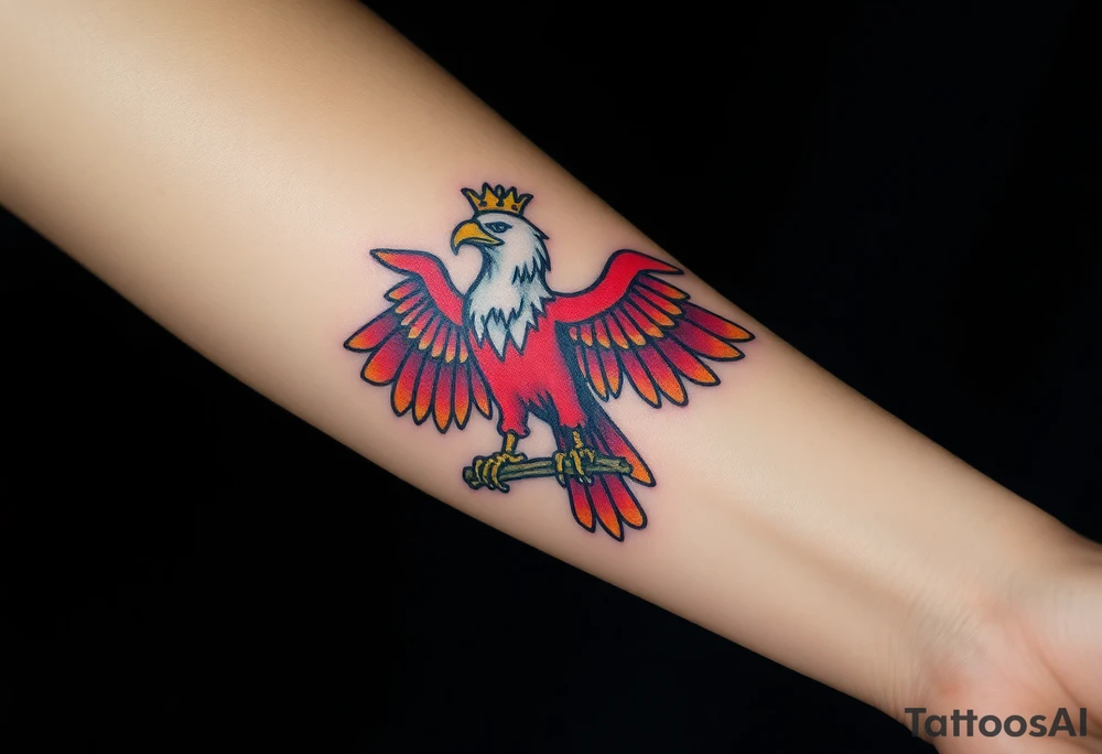 A majestic red and white Moravian eagle with golden crown on its head perched on a branch, its wings spread wide tattoo idea