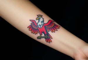 A majestic red and white Moravian eagle with golden crown on its head perched on a branch, its wings spread wide tattoo idea
