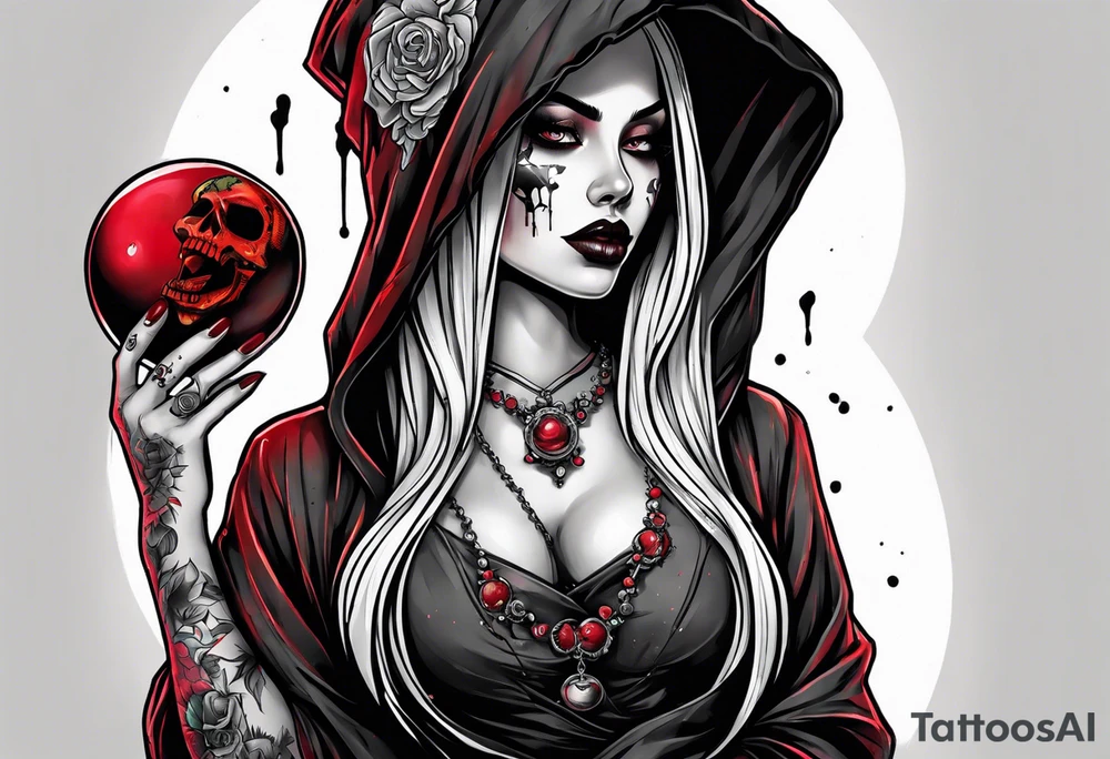 Bright bold Neo traditional tattoo scarred hooded woman with skulls and blood Holding a sphere tattoo idea