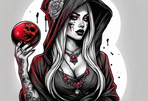 Bright bold Neo traditional tattoo scarred hooded woman with skulls and blood Holding a sphere tattoo idea