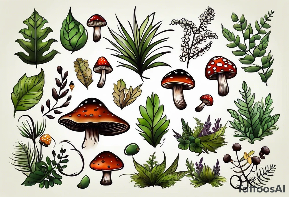 minimalistic forest floor inspired tattoo, which includes grass, moss, curly ferns and dead leaves as the bulk of the tattoo. details to include: forest berries, couple of very small brown mushrooms, a tiny bumblebee flying nearby tattoo idea