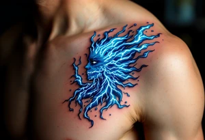 A surreal figure of Aquarius formed by merging waterwith blue and white lightning. tattoo idea