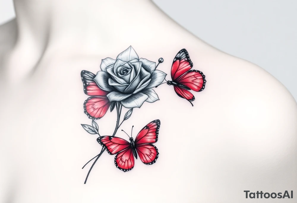 Rose and daffodil with 2 red butterflies one larger than other female tattoo on shoulder/chest tattoo idea