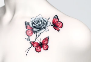 Rose and daffodil with 2 red butterflies one larger than other female tattoo on shoulder/chest tattoo idea