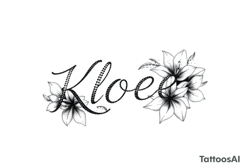 The word Kloee surrounded by lily flowers tattoo idea