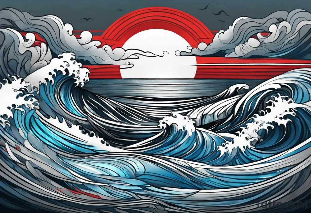 ocean waves background with linear red, white and black and gray including muted blues tattoo idea