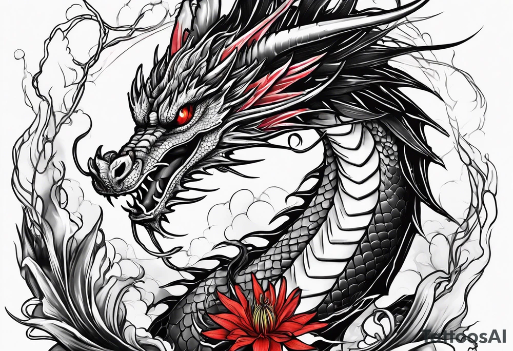 Black and white dragon. Red spider-lily. Lightning. No background. Arm or Shoulder. tattoo idea