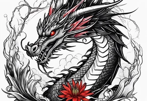 Black and white dragon. Red spider-lily. Lightning. No background. Arm or Shoulder. tattoo idea
