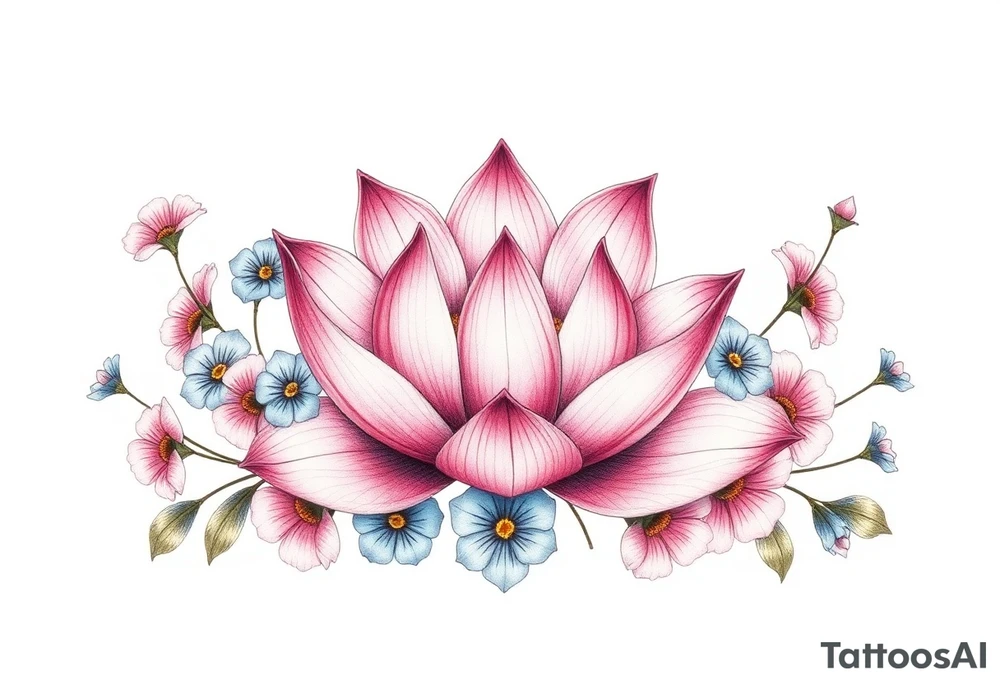 Lotus flower surrounded by forget me nots and peonies tattoo idea