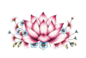 Lotus flower surrounded by forget me nots and peonies tattoo idea
