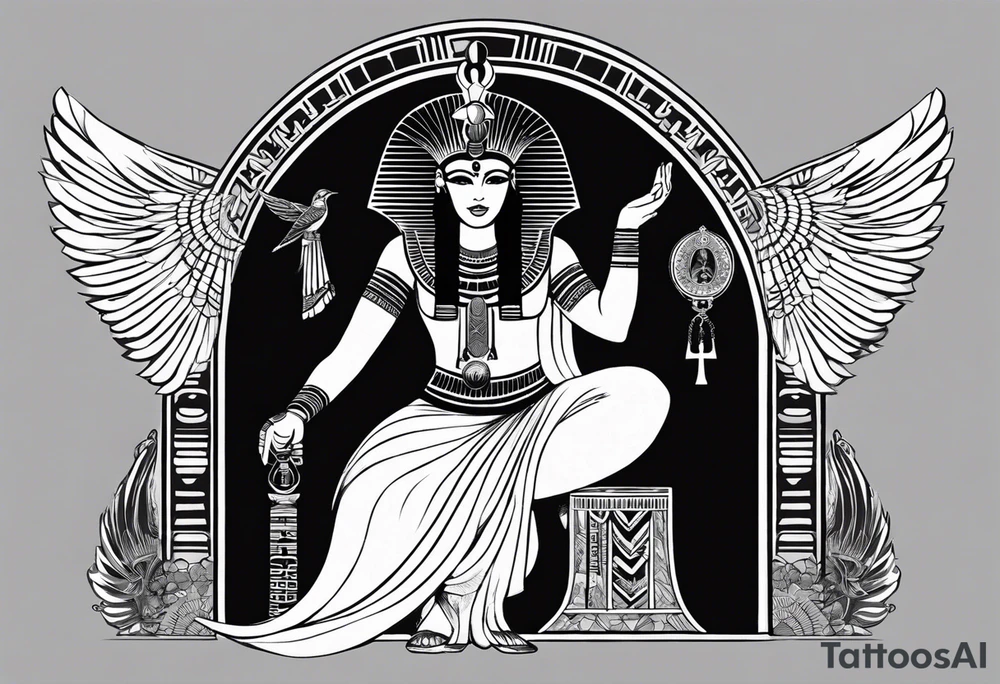 blank and white Egyptian goddess Isis, who is often depicted as a woman with outstretched wings, holding an ankh (a symbol of life) in one hand and a lotus flower in the other. Her headdress often includes a throne or a solar disk. The tattoo design can vary in style and size, but it typically aims to capture the essence of this revered Egyptian deity, emphasizing her beauty, power, and maternal qualities. The choice of colors and additional elements can also be customized to create a unique and visually striking representation of the goddess Isis tattoo idea