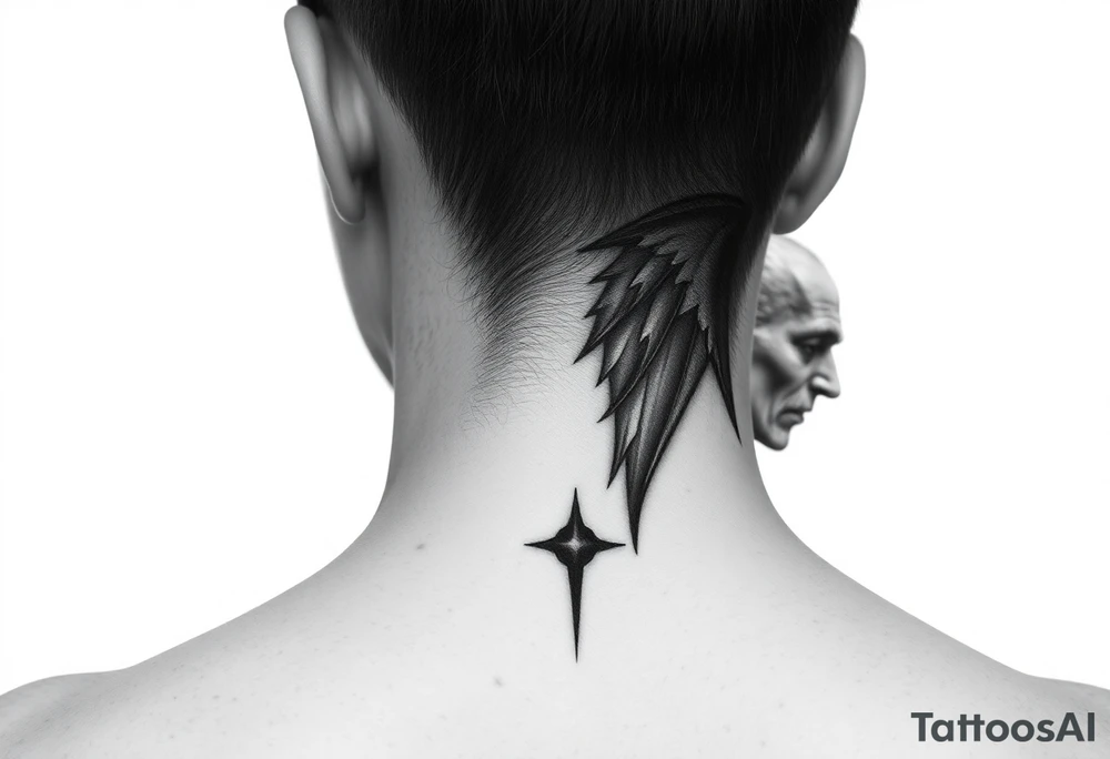 position behind the neck Angel (on the right) whispering in the right ear, demon (on the left) whispering in the left ear tattoo idea