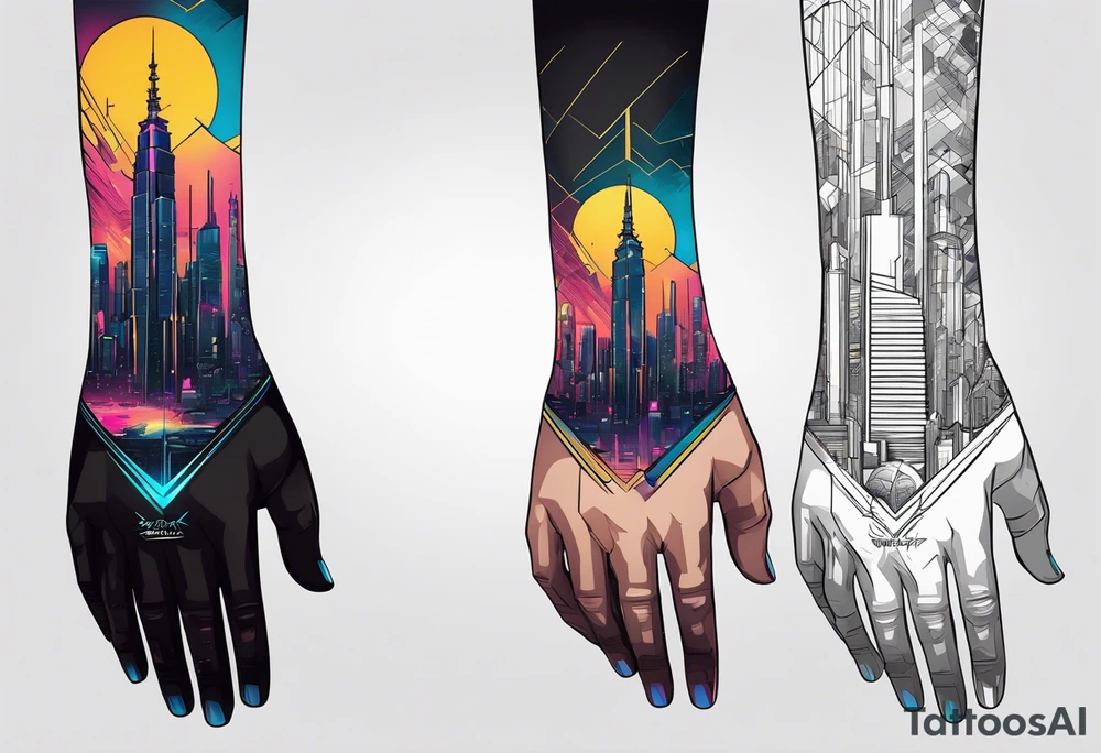 cyberpunk 2077, hand tattoo, geometric, subtle, men, city skyline tattoo idea