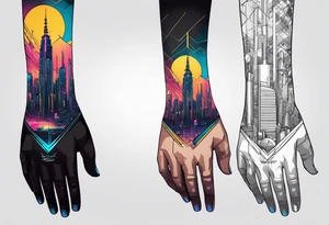 cyberpunk 2077, hand tattoo, geometric, subtle, men, city skyline tattoo idea