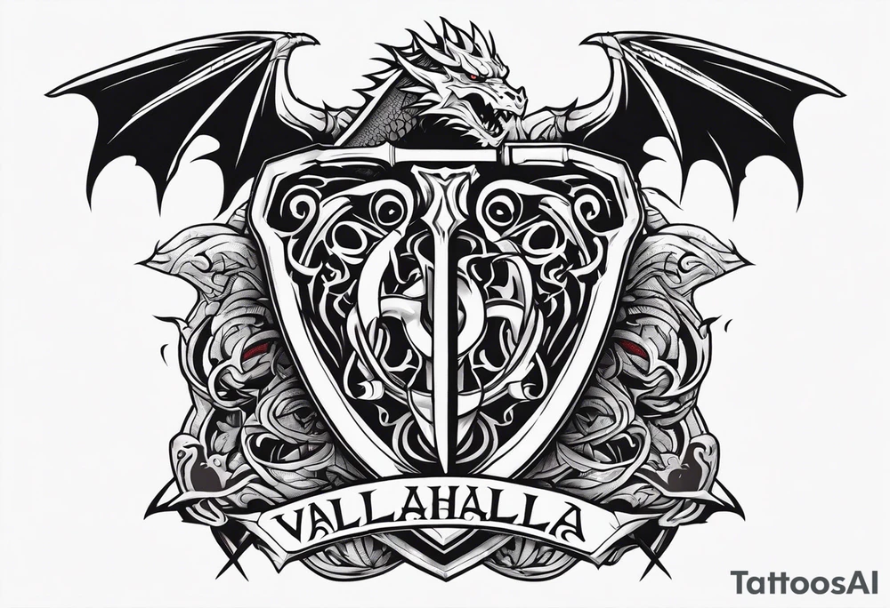 Valhalla sword shield dragon axe tattoo idea