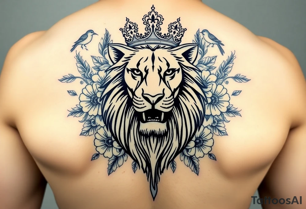 powerful majestic lion with a crown, surrounded by floral ornaments and birds tattoo idea