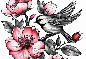 Japanese cherry blossom with birds, butterflies and rose on the forearm tattoo idea
