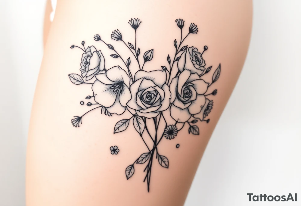 vintage bouquet of wild roses and meadow flowers with morning dew tattoo idea
