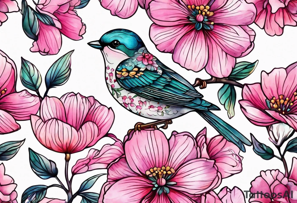 Small Pink flowers with decorative dott pattern, a bird and libra tattoo idea