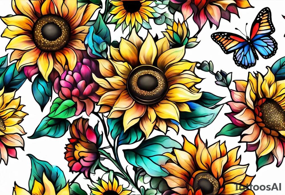 Memorial arm sleeve for mom with rainbow sunflowers and butterflies tattoo idea