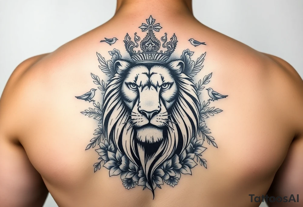 powerful majestic lion with a crown, surrounded by floral ornaments and birds tattoo idea