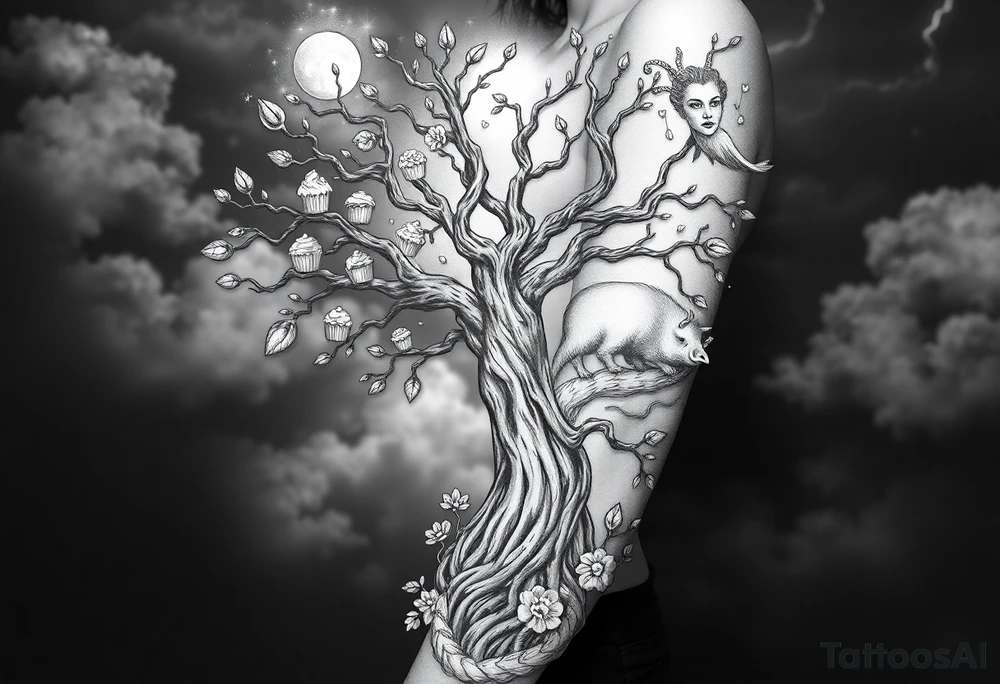 mystical tree  with cosmic  branches fat naked sexy woman , peacock , pig , cupcakes, sins,  Storm clouds, pig, peacock , fat sexy naked fat woman, cupcake, ice cream, hot dogs, shake, noose , money, goat lion, man sex toys pussy dicks, cigerette storm lightening, killing, darkness death, violent majestic creatures and penis and vagina tattoo idea