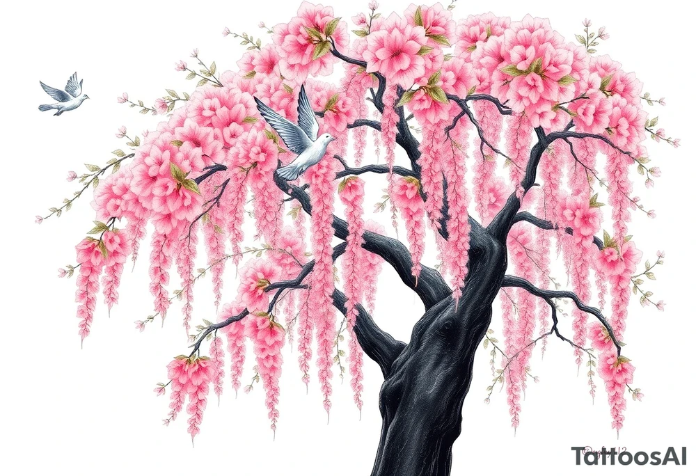 A big pink, weeping tree with huge  lushish leaves and a beautiful trunk. there are 2 doves. 1 is a flying into the sky. The second one is hovering above the ground that’s turning black like she stained with grief. Goth romance 
These are the dates I want dainty in the heavily overflow of weeping cherry blossom branches and leaves March 31, 2024 – July 2, 2024 tattoo idea