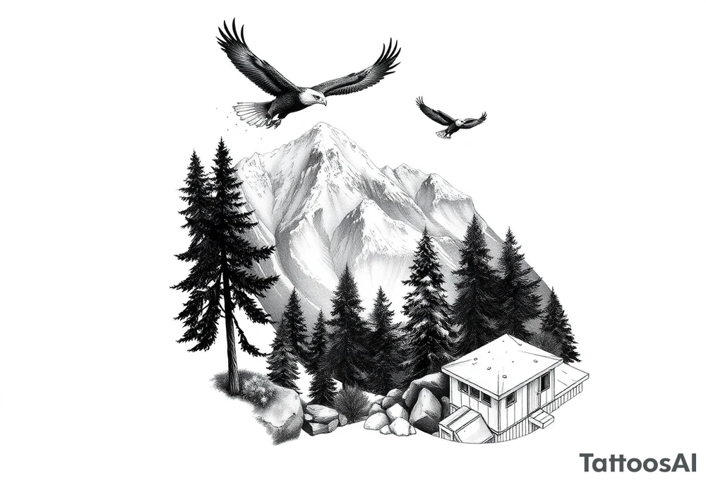 Mountain View with large trees and an eagle flying tattoo idea