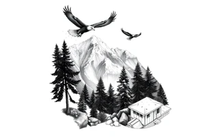 Mountain View with large trees and an eagle flying tattoo idea
