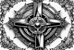 PTSD with ribbons, compass and cross sleeve tattoo idea