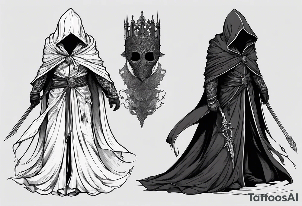 Hooded figure with no face carrying staff and wearing a long tattered cloak tattoo idea
