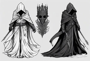Hooded figure with no face carrying staff and wearing a long tattered cloak tattoo idea