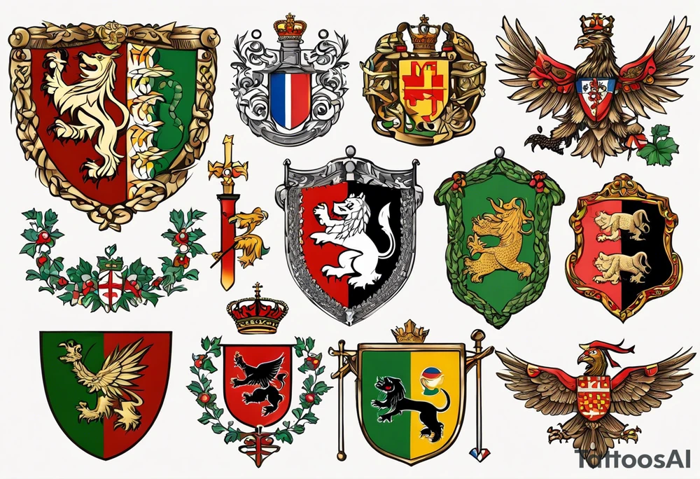 Merge the heraldic elements of england, northern ireland, ireland, scotland, wales, germany, croatia, serbia, slovakia, slovenia, and czech republic intertwined in a harmonious and elegant manner. The design should be symmetrical and suitable for a shoulder placement. tattoo idea