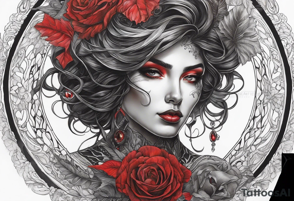 eclipse, vibrant colors (reds and blacks), dark fantasy tattoo idea