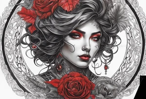eclipse, vibrant colors (reds and blacks), dark fantasy tattoo idea