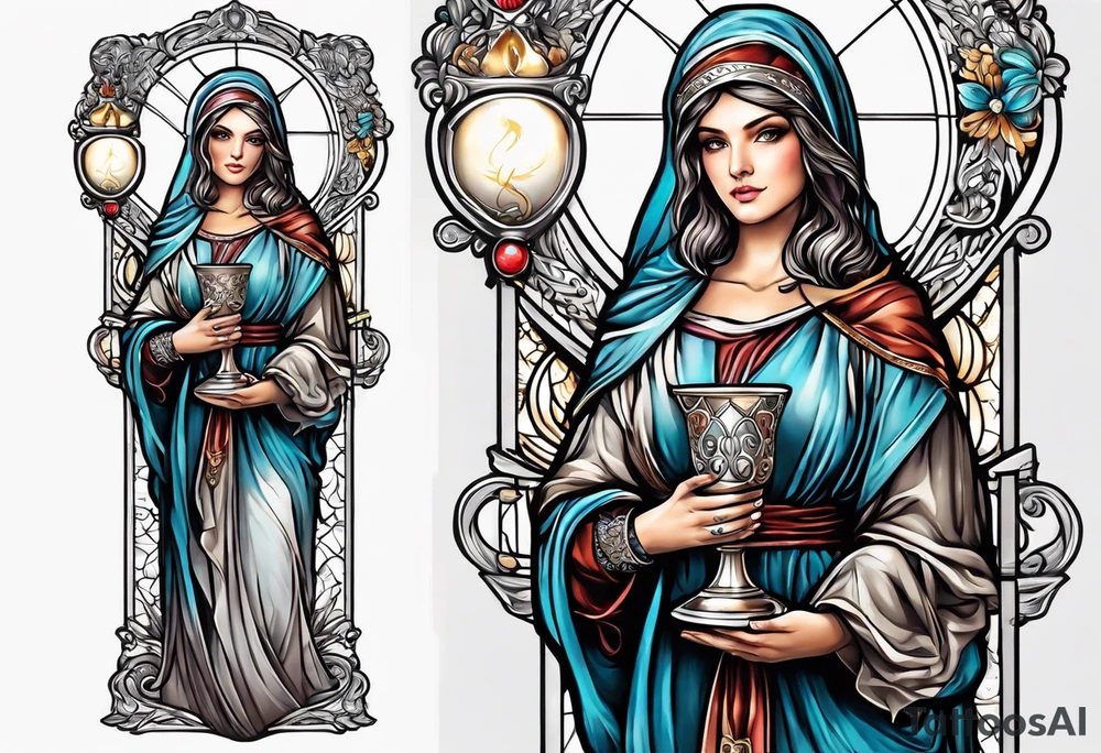 Female saint holding a chalice tattoo idea