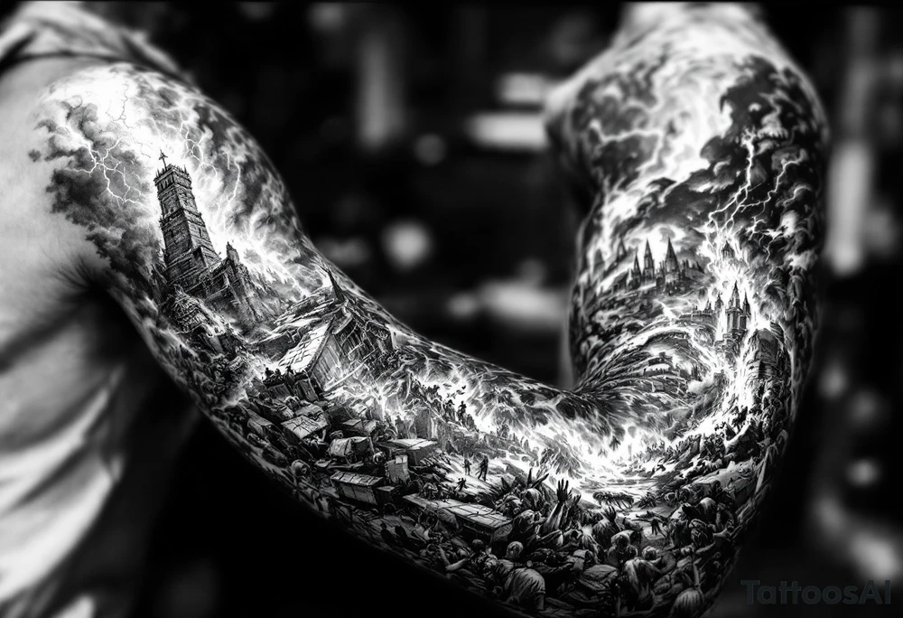 this will be a right arm sleeve.

A crumbling tower struck by lightning, with people scattering in chaos.
Fire raining down from heaven on a burning city, with smoke rising.
A blazing altar with fire falling from heaven
 Floodwaters overtaking the earth, with an ark in the distance. tattoo idea