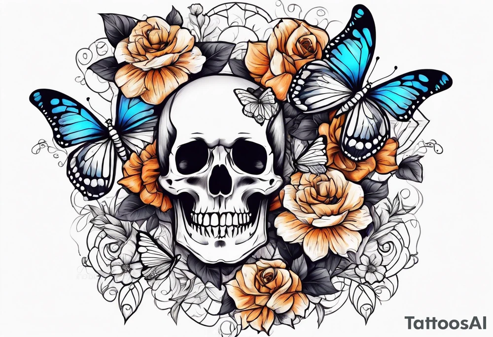 skeleton body with flowers around it vintage sketch pretty and butterflies tattoo idea