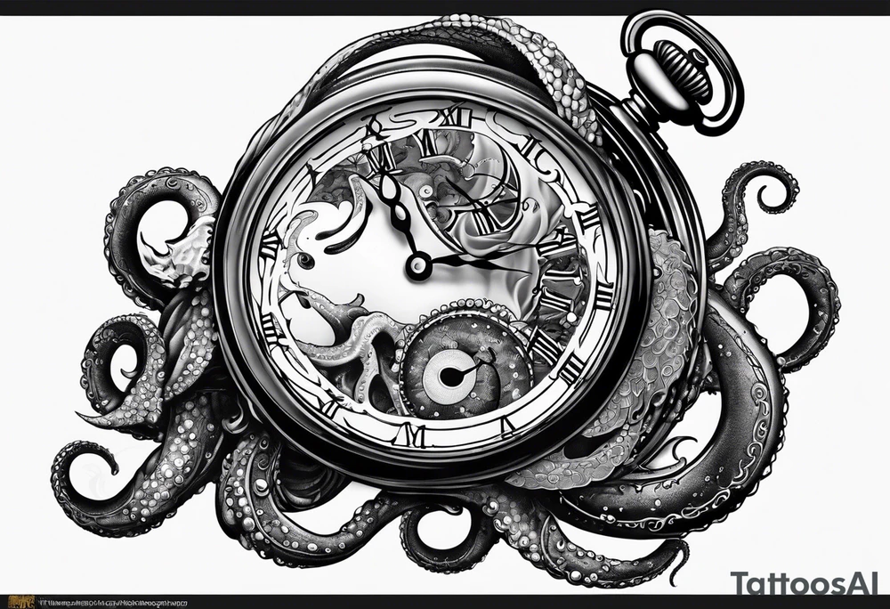 pocket watch wrapped under an aggressive octopus, sideways tattoo idea
