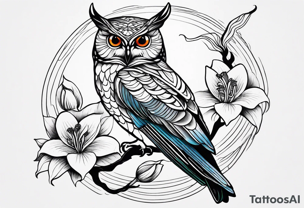 Owl, hummingbird, loon, lily tattoo idea